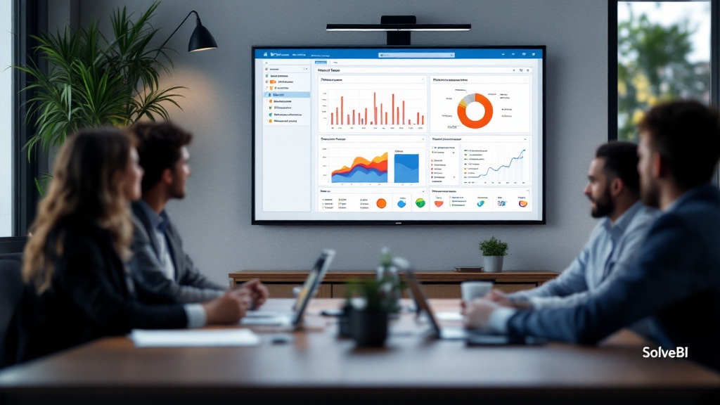 A team meeting room with a Power BI dashboard on the screen - the modern alternative to manual Excel reports
