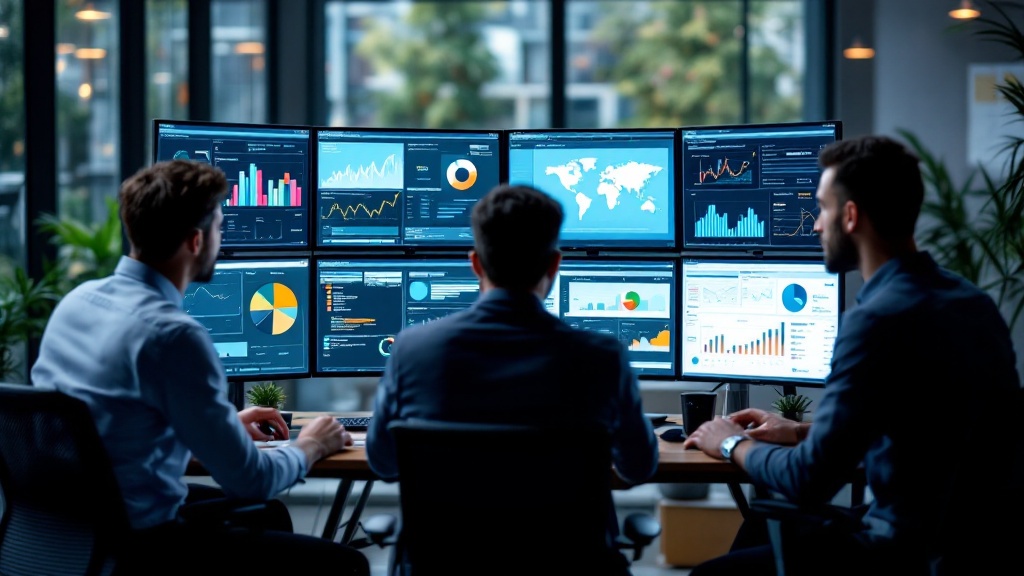 Team reviewing consolidated business data across multiple screens - a single source of truth in action