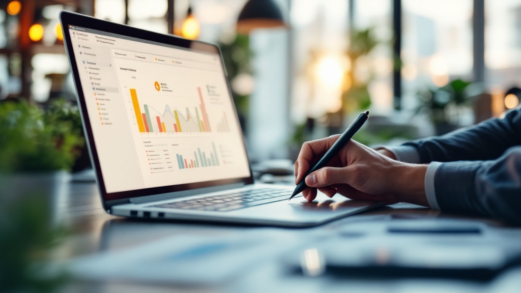 A laptop showing a Power BI dashboard joining accounting and operations data into a single view