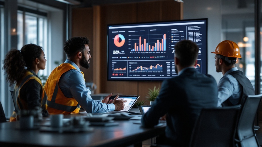 A management team reviewing budget versus actual figures during a meeting in a boardroom with a large screen.