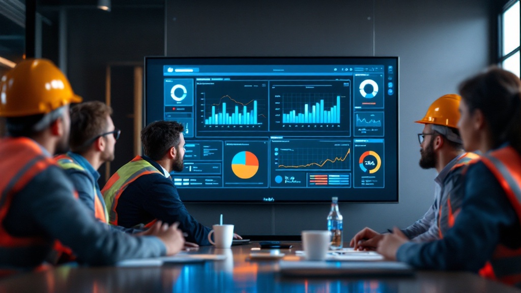 A company leadership team reviewing a single executive dashboard on a large boardroom screen.