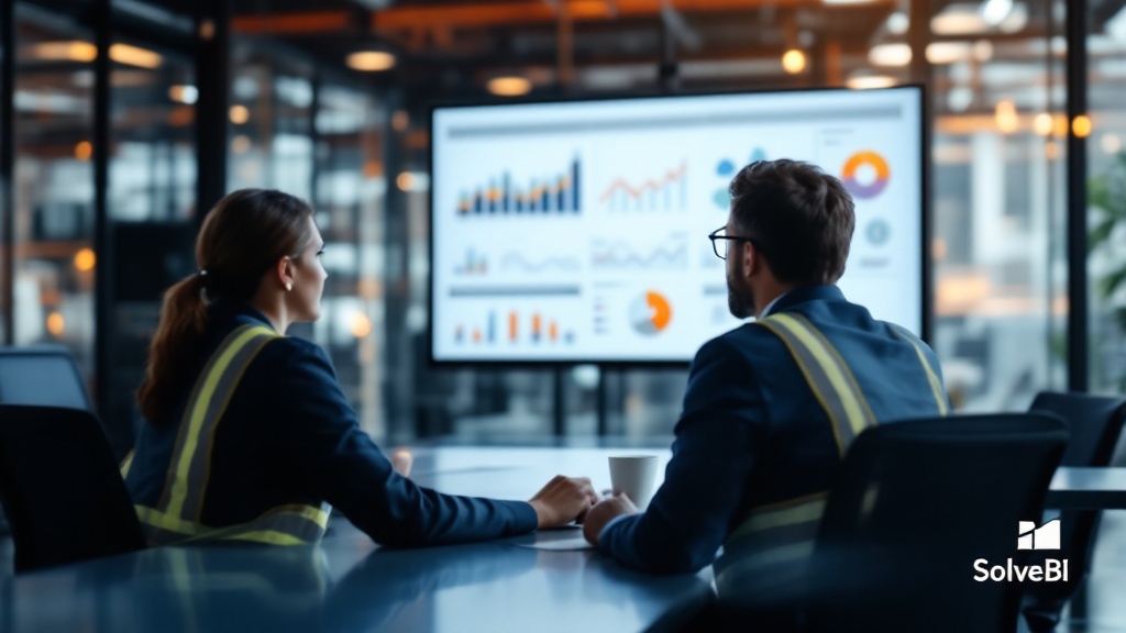 An executive reviewing company strategic goals and KPIs on a digital dashboard in a boardroom.