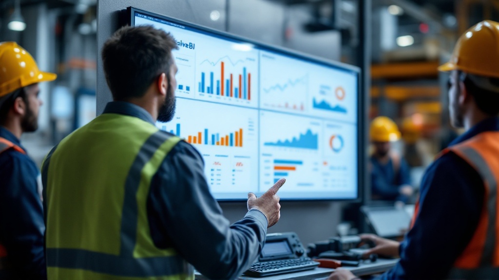 An operations manager reviewing performance metrics on a wall-mounted dashboard screen in a busy workplace.