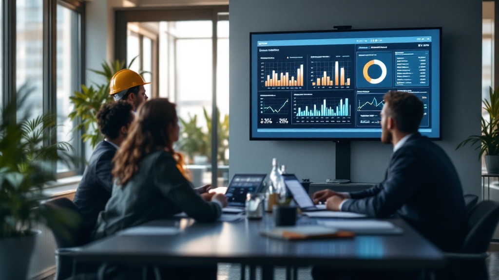 A sales director presenting revenue results to colleagues on a screen in a modern office meeting room.