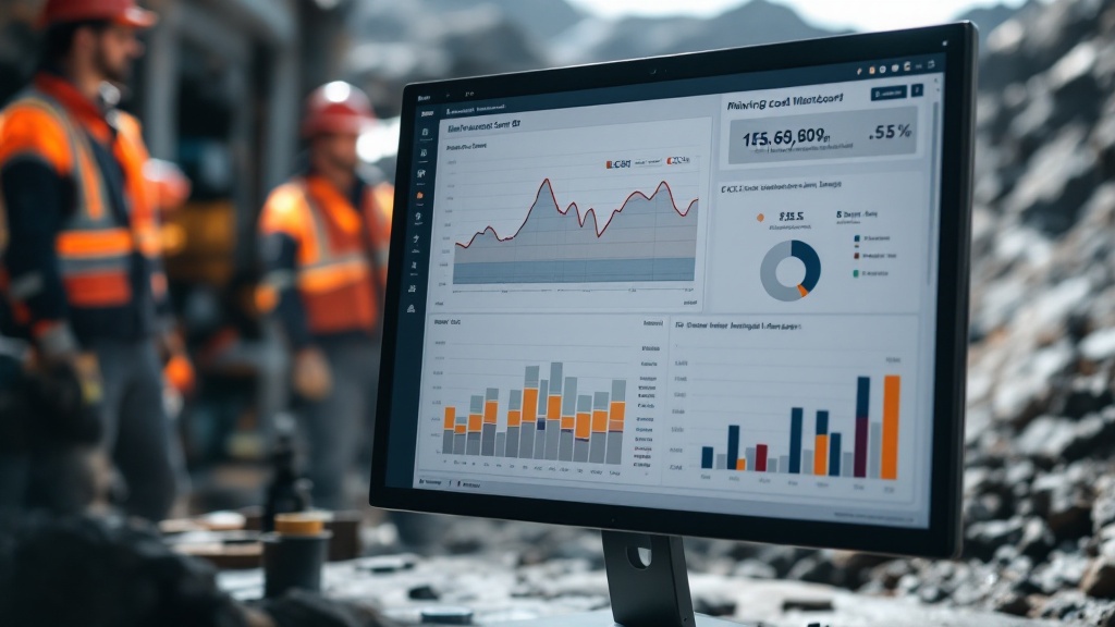 A Power BI mining cost dashboard showing cost per BCM by cost centre, C1 cash cost trend, and AISC waterfall against budget - with drill-through to individual cost categories.