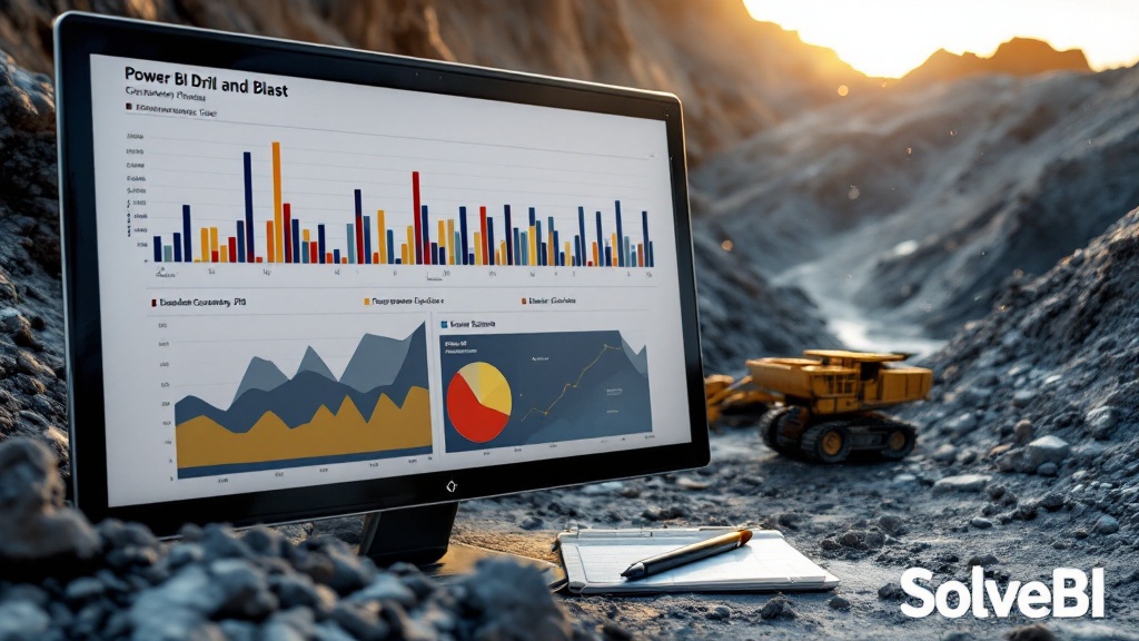 A Power BI drill and blast dashboard showing the relationship between blast powder factor, fragmentation P80, post-blast dig rate and crusher feed rate - connecting blast design to downstream mining efficiency.