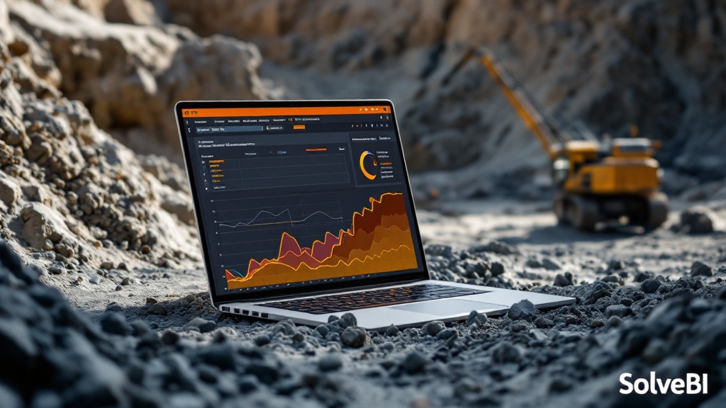 A Power BI mine plan compliance dashboard showing planned versus actual tonnes by area, schedule adherence trend, and a dig-to-design conformance view highlighting ore loss and dilution zones.