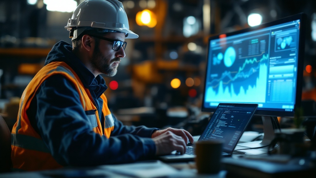 A mine site financial analyst reviewing cost-per-tonne data on a laptop in a site office - the convergence of operational and financial data that mining cost reporting brings together.