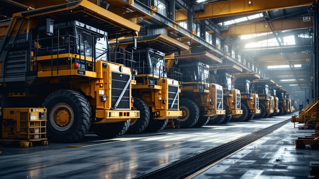 A row of large haul trucks parked at a mine site maintenance workshop - the source of mechanical availability, downtime, and work-order data that fleet reporting turns into performance decisions.