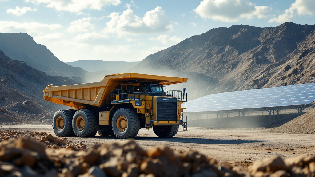 A haul truck refuelling at a mine site diesel bay alongside a solar array - the diesel combustion and electricity sources that make up the Scope 1 and Scope 2 emissions at the heart of mining ESG reporting.