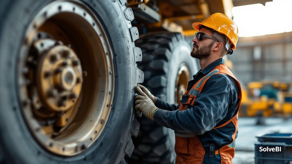A mine site maintenance technician inspecting a large haul truck suspension system in the workshop - the repair work that generates the CMMS work order data at the heart of mining maintenance reporting.