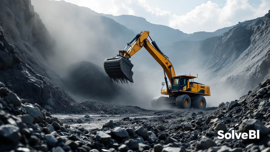 An open-cut mine pit showing excavator loading a haul truck with ore - the primary source of production volume data that feeds daily throughput and tonnes-moved reporting.
