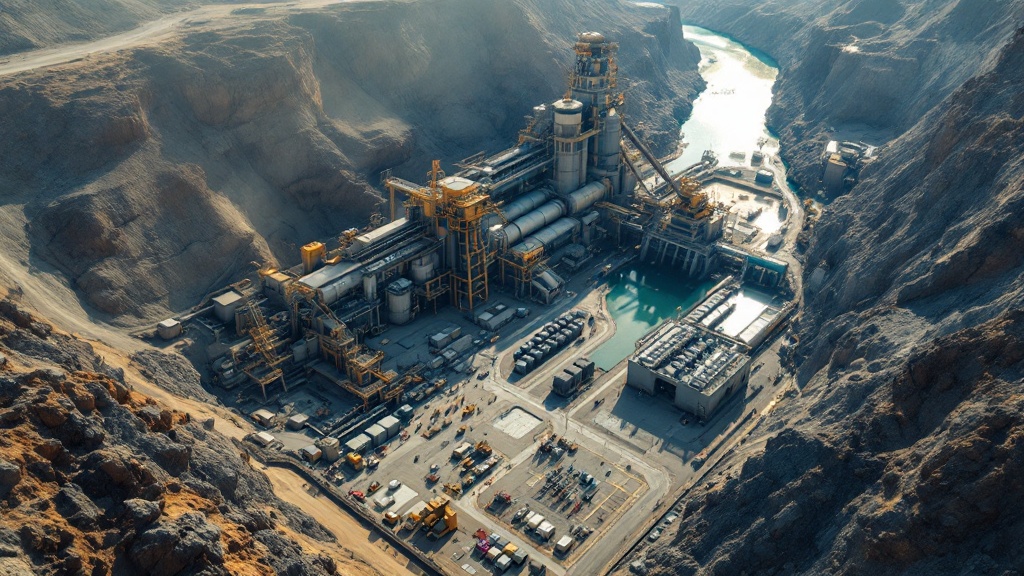 An aerial view of a mineral processing plant with SAG mill, ball mill and flotation cells - the equipment whose throughput, recovery and availability data feeds processing plant performance reporting.