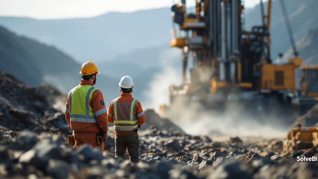 Mine site safety officers conducting a toolbox talk at a blast hole drill rig - the front-line activity that generates the hazard observations, near-miss reports, and risk-control verifications that safety reporting tracks.