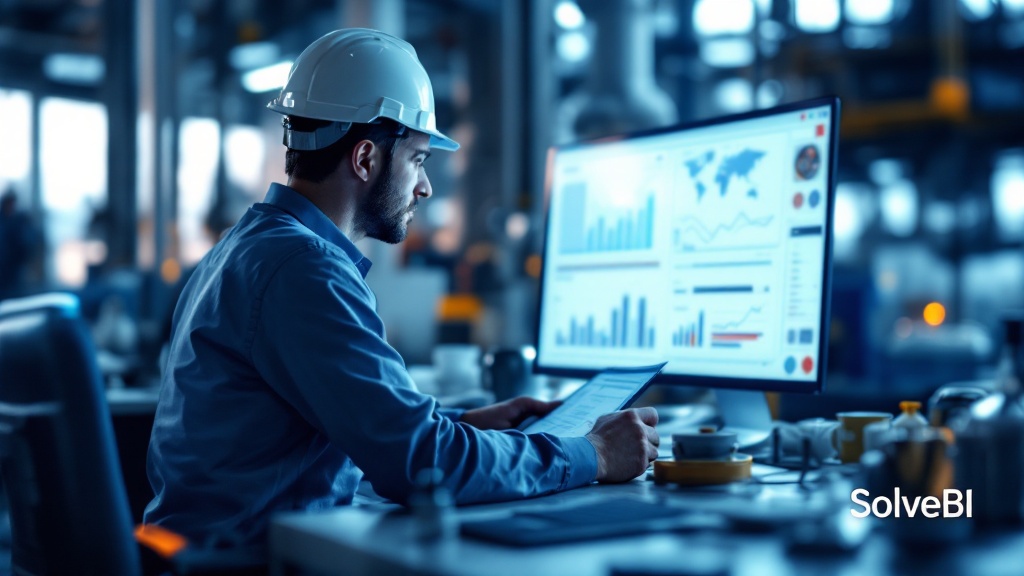 An integrity engineer reviewing a Power BI asset integrity dashboard showing corrosion trends, inspection status and risk ratings for pipelines and pressure vessels.