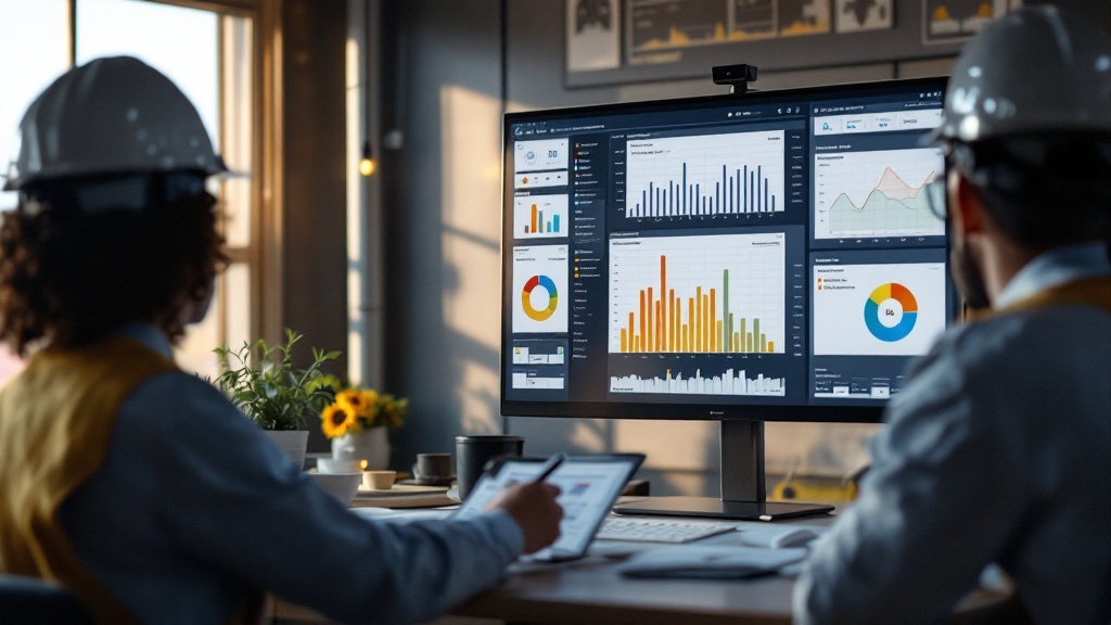 A drilling team reviewing depth-vs-days progress, non-productive time and cost-vs-AFE on a Power BI dashboard in the rig office.