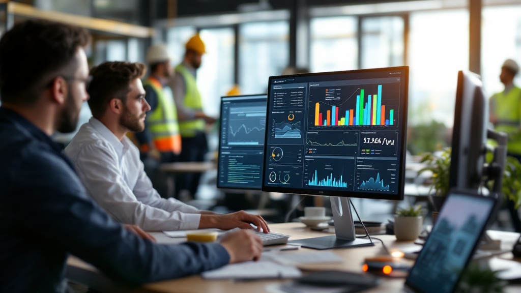 An ESG and operations team reviewing a Power BI emissions dashboard showing Scope 1 and 2 emissions, flaring volumes and energy intensity by asset.