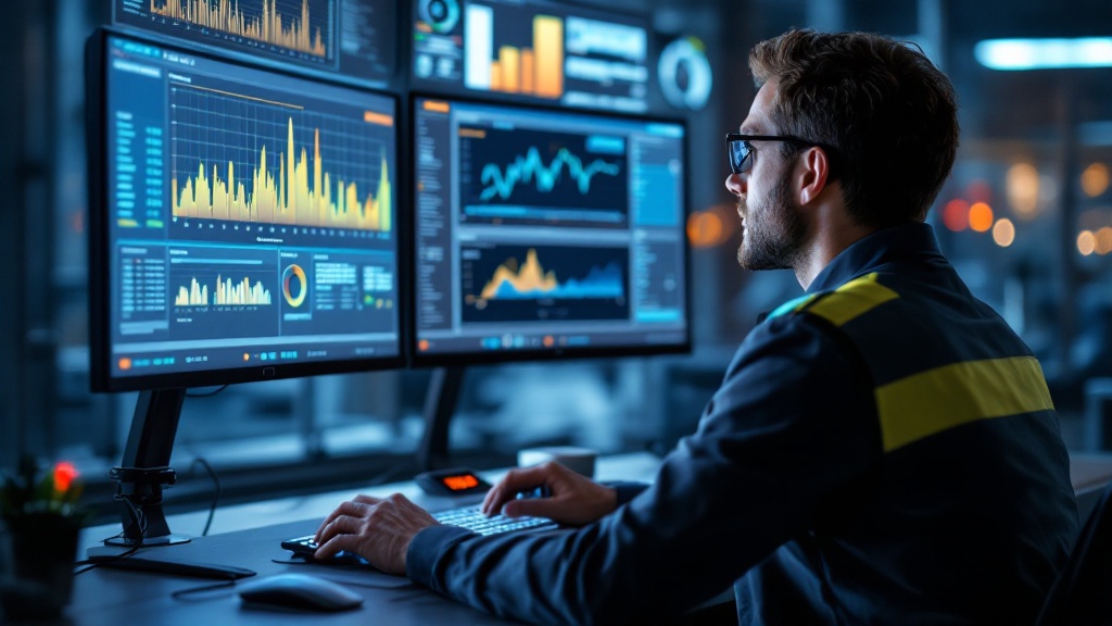 A pipeline control room operator monitoring a Power BI dashboard of flow rate, pressure profile and inlet-outlet balance across pipeline segments.