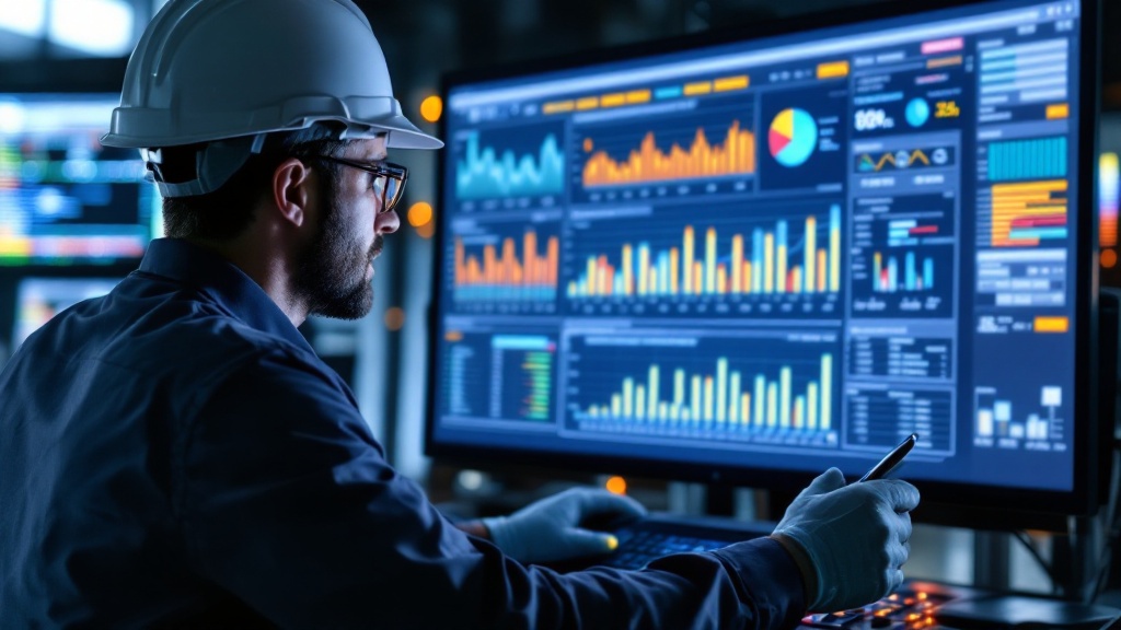 A production engineer reviewing a Power BI well-output dashboard on a screen in an oil and gas control room - linking daily production volume to downtime and intervention events.