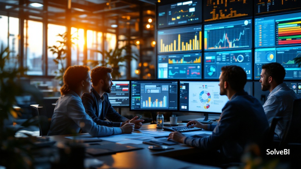 A refinery operations team reviewing a Power BI dashboard of unit throughput, product yield and energy intensity in a control room.