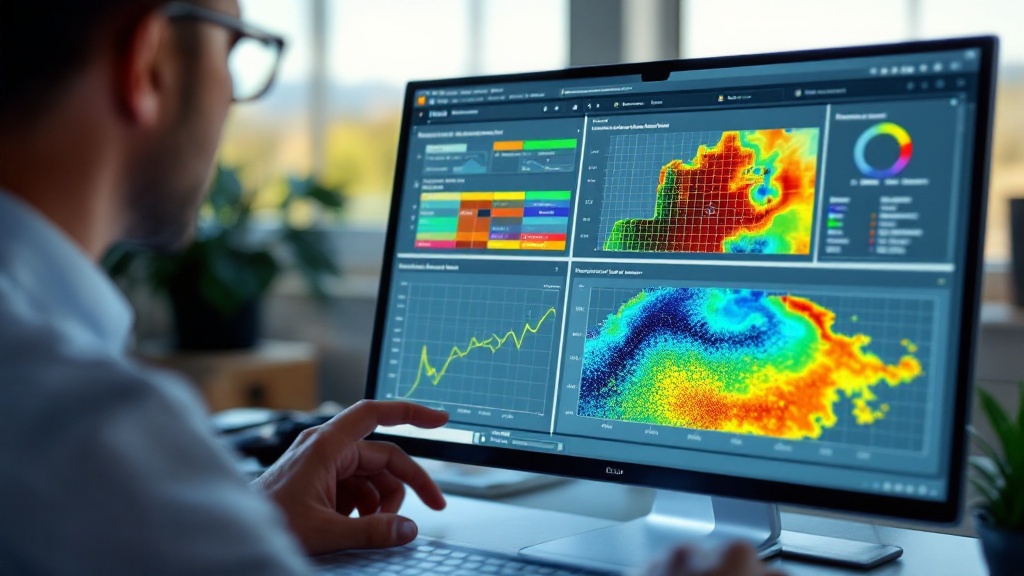 A reservoir engineer reviewing a Power BI dashboard of waterflood sweep, pressure trends and simulation-versus-actual performance for an oil field.