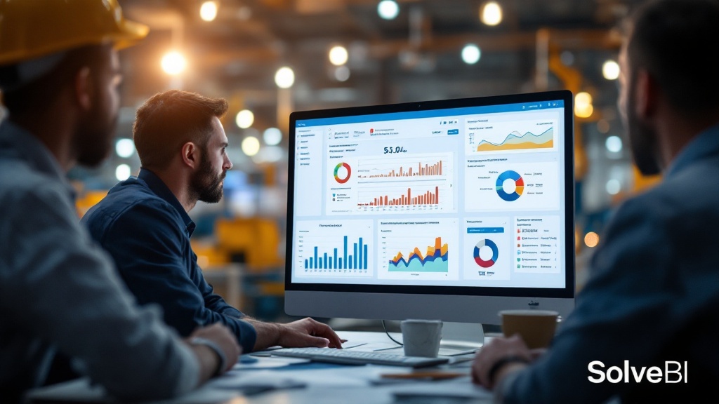 A supply chain team reviewing a Power BI dashboard of supplier performance, lead times and critical-spare availability against production-critical equipment.