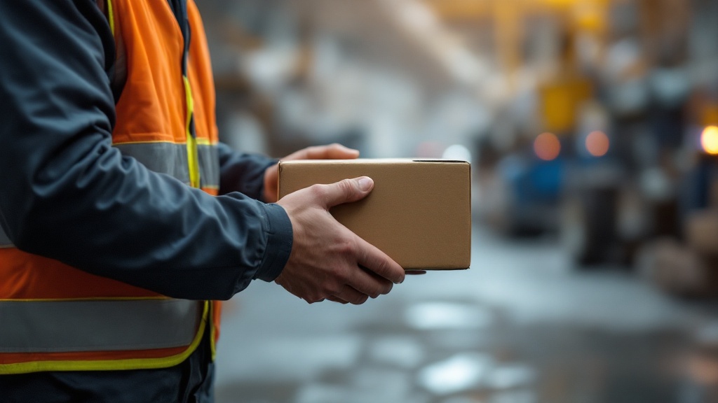 A delivery driver handing a parcel to a customer - the last moment of a delivery journey that performance reporting measures end to end.