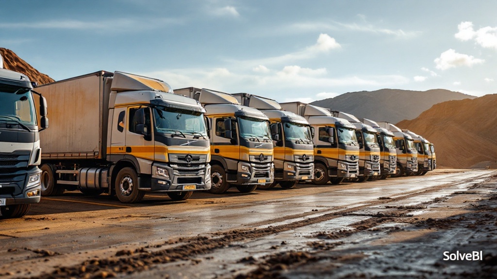 A line of delivery trucks parked at a logistics depot - the kind of fleet that, with proper utilisation reporting, becomes a managed productive asset rather than a fixed cost.