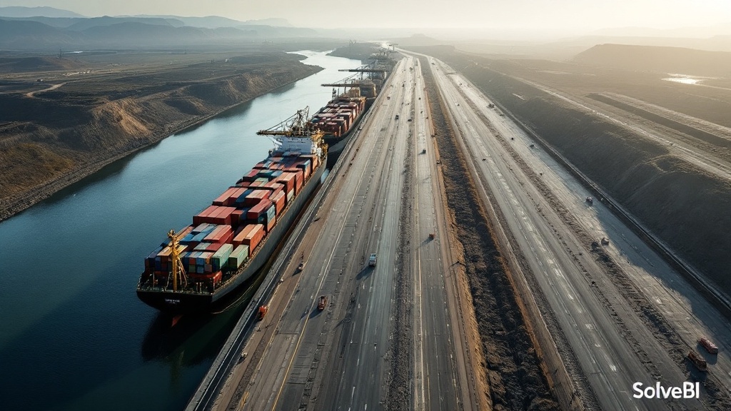 An aerial view of cargo ships and shipping containers - representative of the wider network whose route efficiency reporting traces all the way down to individual delivery runs.