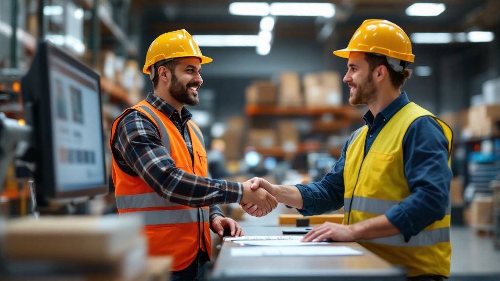 A wholesale account manager meeting with a business customer at a trade counter, shaking hands over a completed order.