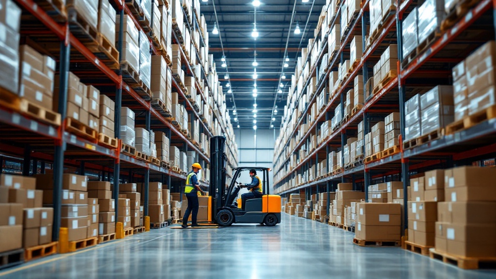Rows of high-bay racking filled with palletised stock in a large wholesale distribution warehouse, with a forklift moving inventory.