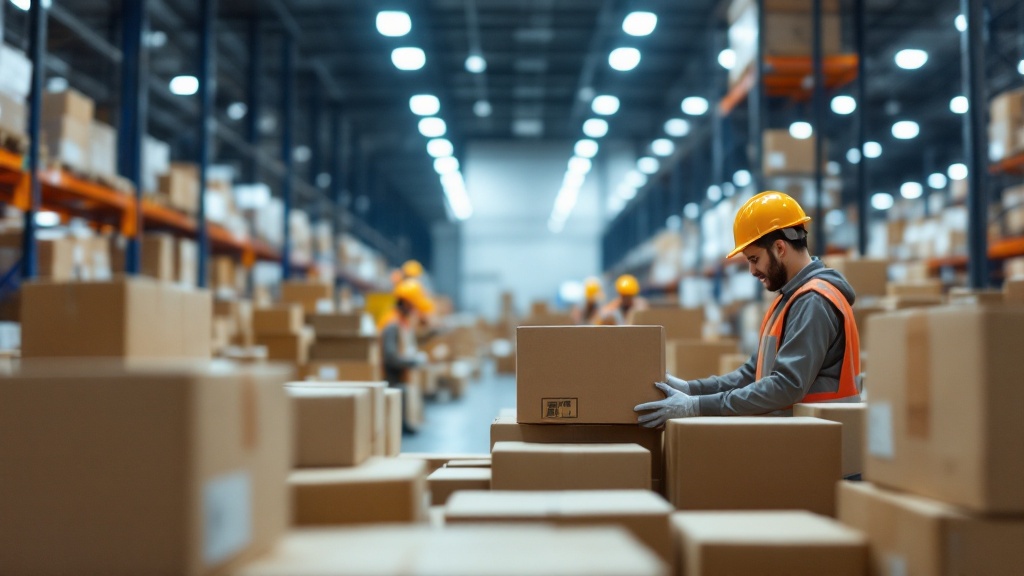 Warehouse staff picking and packing customer orders at the dispatch area of a wholesale distribution centre, with packed cartons ready for delivery.