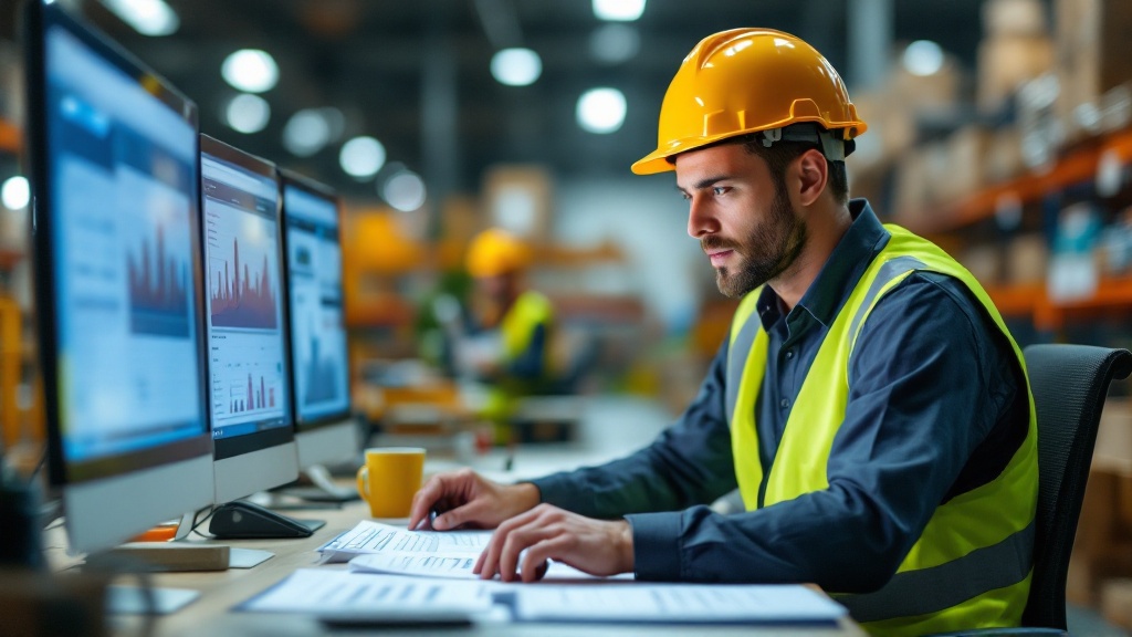 A wholesale pricing analyst reviewing product price lists and supplier rebate agreements at a desk in a distribution centre office.