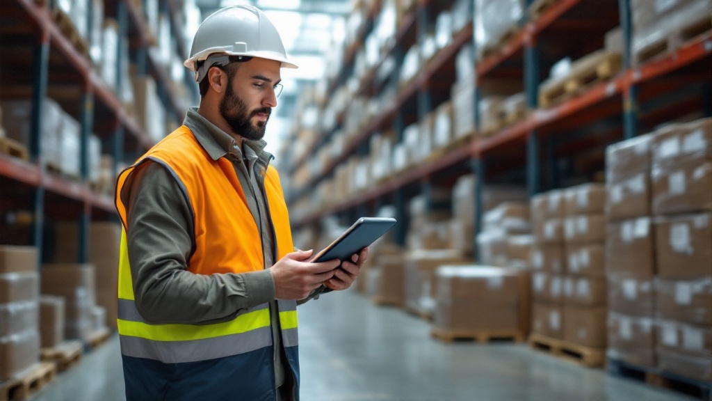 A wholesale sales manager reviewing performance figures on a tablet while walking through a distribution warehouse stocked with palletised goods.