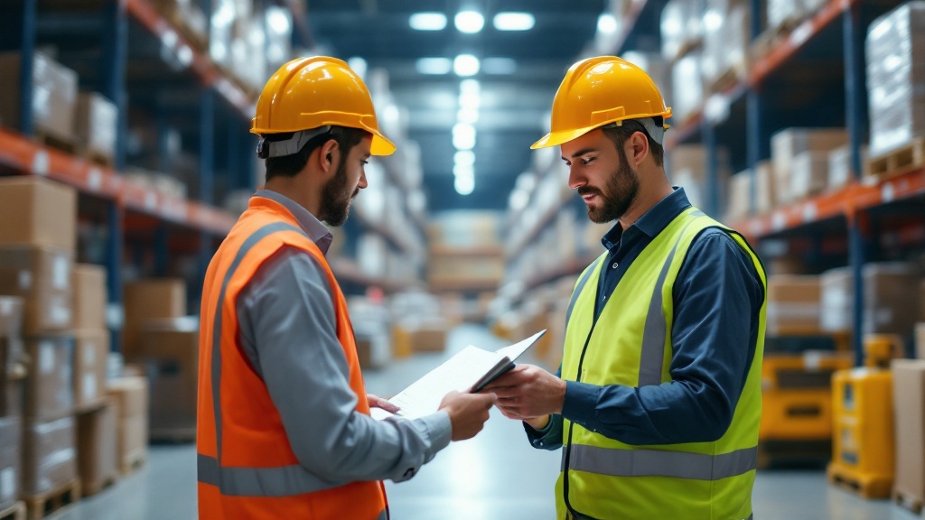 A procurement officer inspecting incoming stock against a delivery manifest at the goods-inwards dock of a wholesale warehouse.